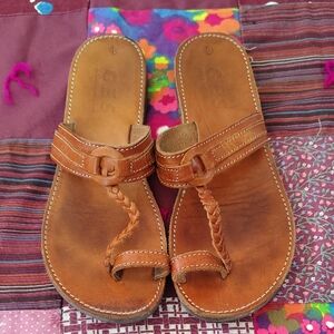 Women's Tan Braided Toe-Loop Leather Sandals